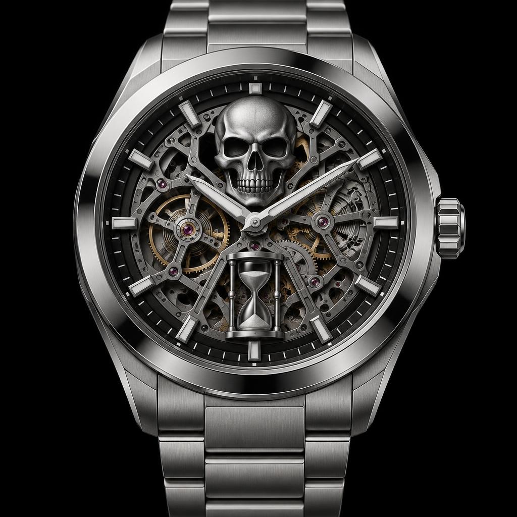 Front view of the silver skeleton watch with skull at 12 and hourglass at 6