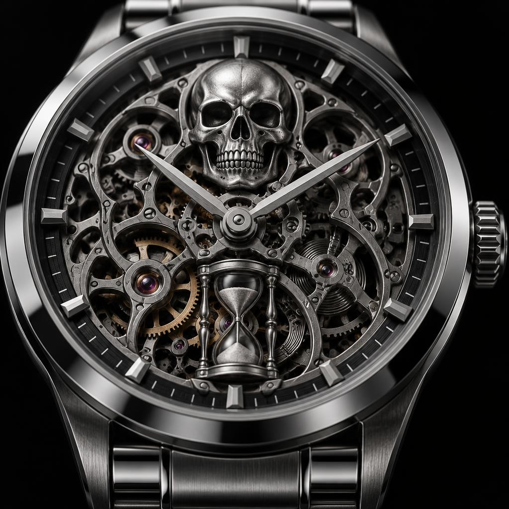 Macro close-up of the skeleton dial with skull at 12